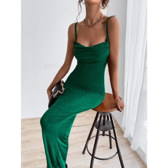 green cami strap Tie Backless Ruched cowl neck maxi Dress - Picture 3 of 9